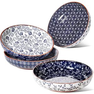 LE TAUCI Pasta Bowl 32 oz, Ceramic Salad Bowl, Japanese-Style Plate Bowls for Serving Pasta, Fruits, Salad, Noodle, Dinner, Soup, Mircrowave Oven Dishwasher Safe - 8.2 Inch, Set of 4, Vintage Blue