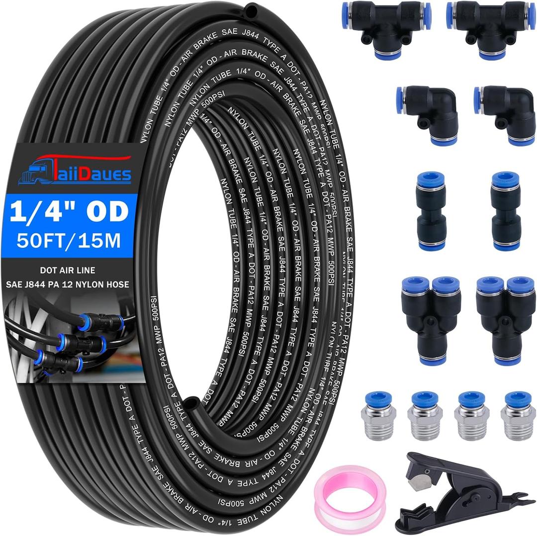 /4" Air Line Tubing Kit,1/4" OD DOT Air Line 50 FT(15 m) SAE j844 PA Nylon Air Hose Tube and Push to Connect Fitting for Air Brake System Or Fluid Transfer,15 Pcs Compressed Accessories Kit
