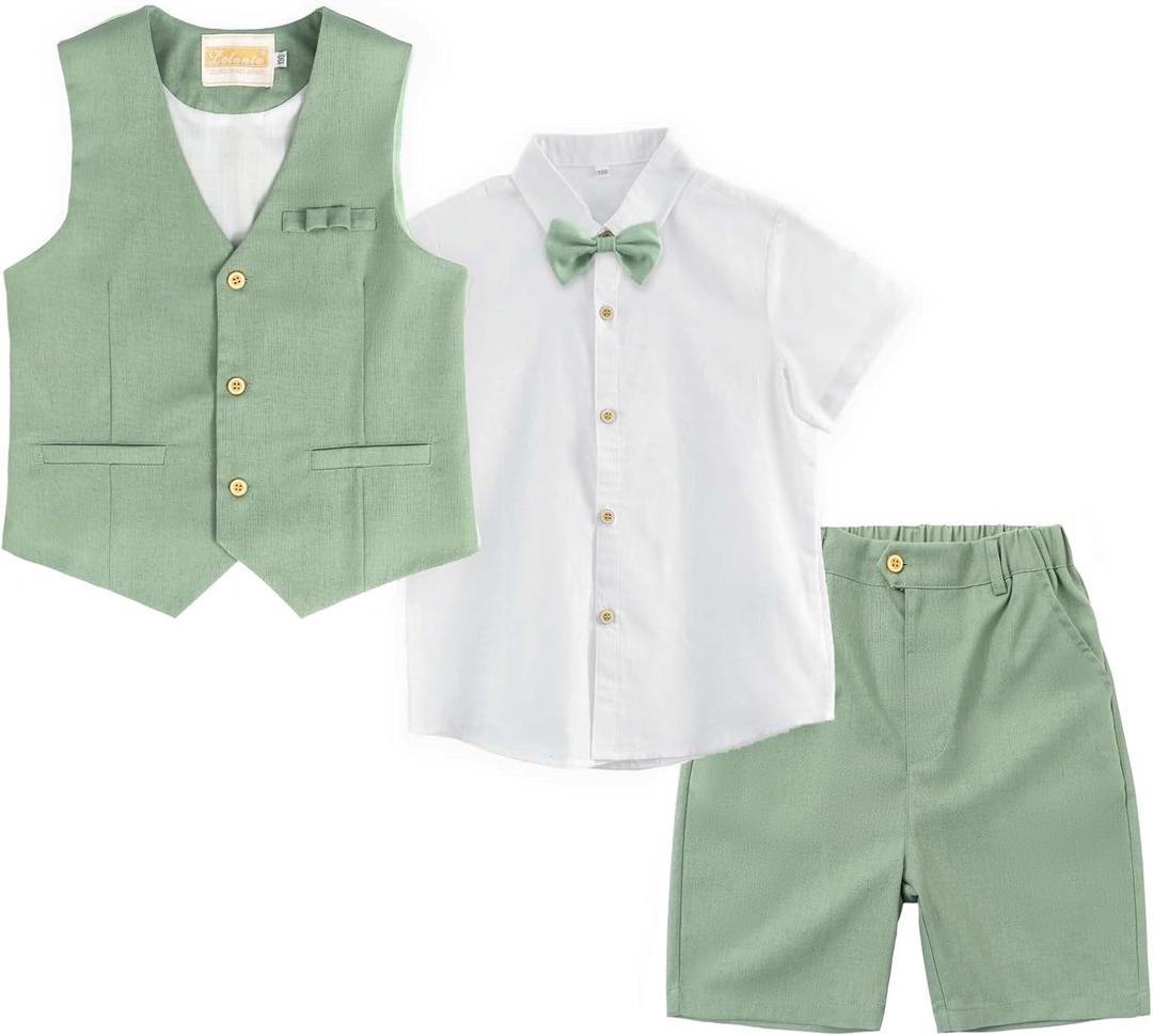 LOLANTA Boys Linen Suit 4 Piece Summer Gentleman Outfit Kids Dress Vest Shirt Shorts Set for Beach Wedding Graduation, Green, Size 6