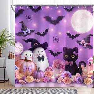 ZTHMOE Halloween Ghost Shower Curtain for Bathroom Purple Cute Cartoon Cat Spooky Horror Pumpkins Home Decorations Sets with 12 Hooks Waterproof Polyester 72" x 72"