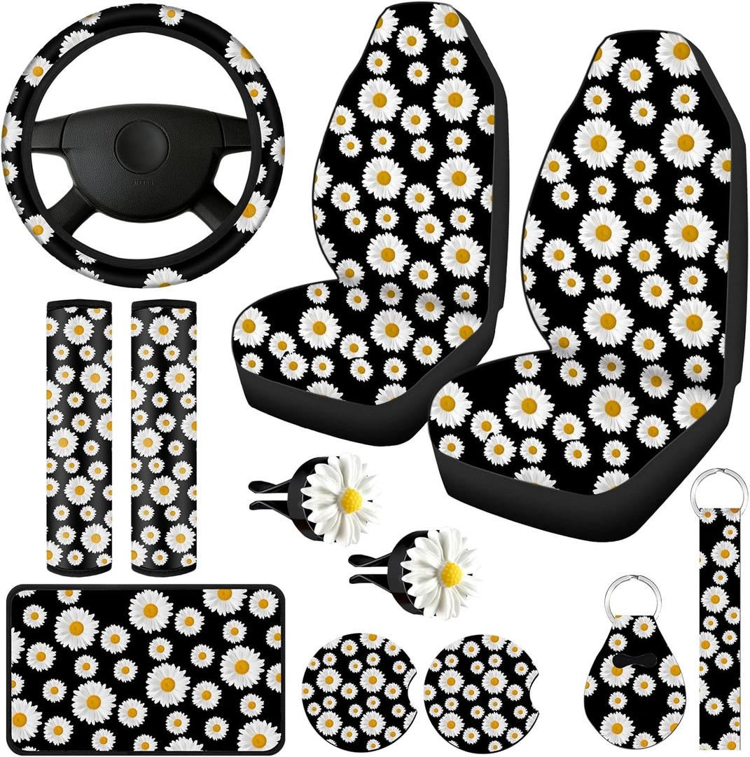 12 Pieces Daisy Flower Car Accessories Full Set Includes Daisy Car Seat Cover Steering Wheel Cup Holder Armrest Pad Decor