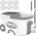 Mop and Bucket with Wringer Set,Spin Mop and Bucket System, Mops for Floor Cleaning,Household Supplies Tools with 6 Replacement Refills,61" Extended Handle for Household Hardwood Floor - White