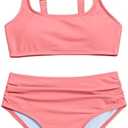 OYOANGLE Girl's 2 Piece Swimsuit Sport High Waist Teen Kids Bikini Set Bathing Suit Swimwear, Size 160, Pink Pure