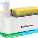 Kitchen Dish Soap Dispenser SetDish and Hand Soap Dispenser with Sponge Holder, 3-in-1 Countertop Sponge Dual Soap Pump Dispenser for Kitchen Sink - White