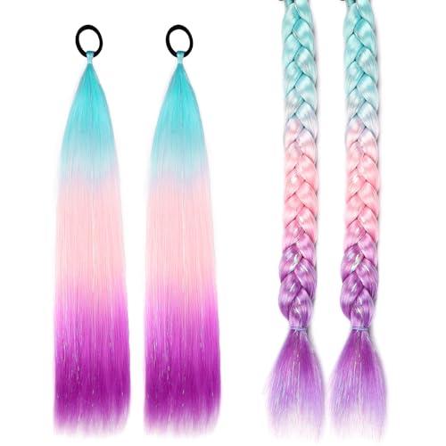 Ponytail Extension with Tie, Colored Hair Extensions, Festival Crazy Hair Day Accessories, Shimmer Tinsel Ponytail Colorful, 18 inch 2 Packs, Ombre Blue to Pink to Purple