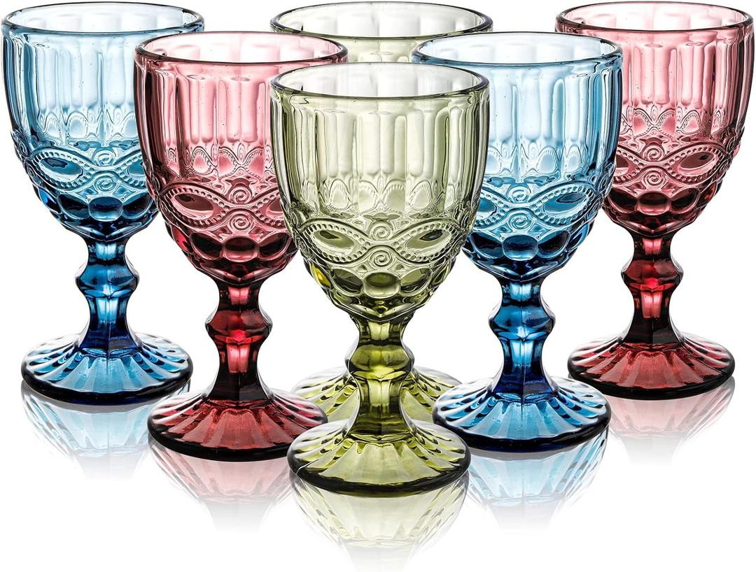 Youeon Set of 6 Colored Wine Goblets, 10 Oz Wine Glasses Set with Embossed Pattern, Colored Wine Glasses Vintage Glassware for Party, Wedding, Bar, Wine, Juice, Beverage, 3 Colors (Pink, Green, Blue)
