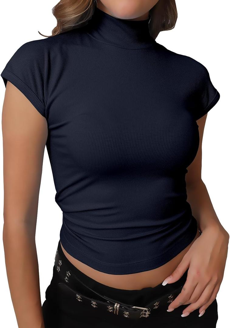 Dwnval Womens Short Sleeve Mock Neck Slim Fit Ribbed Knit Tops | mock neck tops for women, turtle Neck Tops, Cap Sleeve, work tops for women (M)