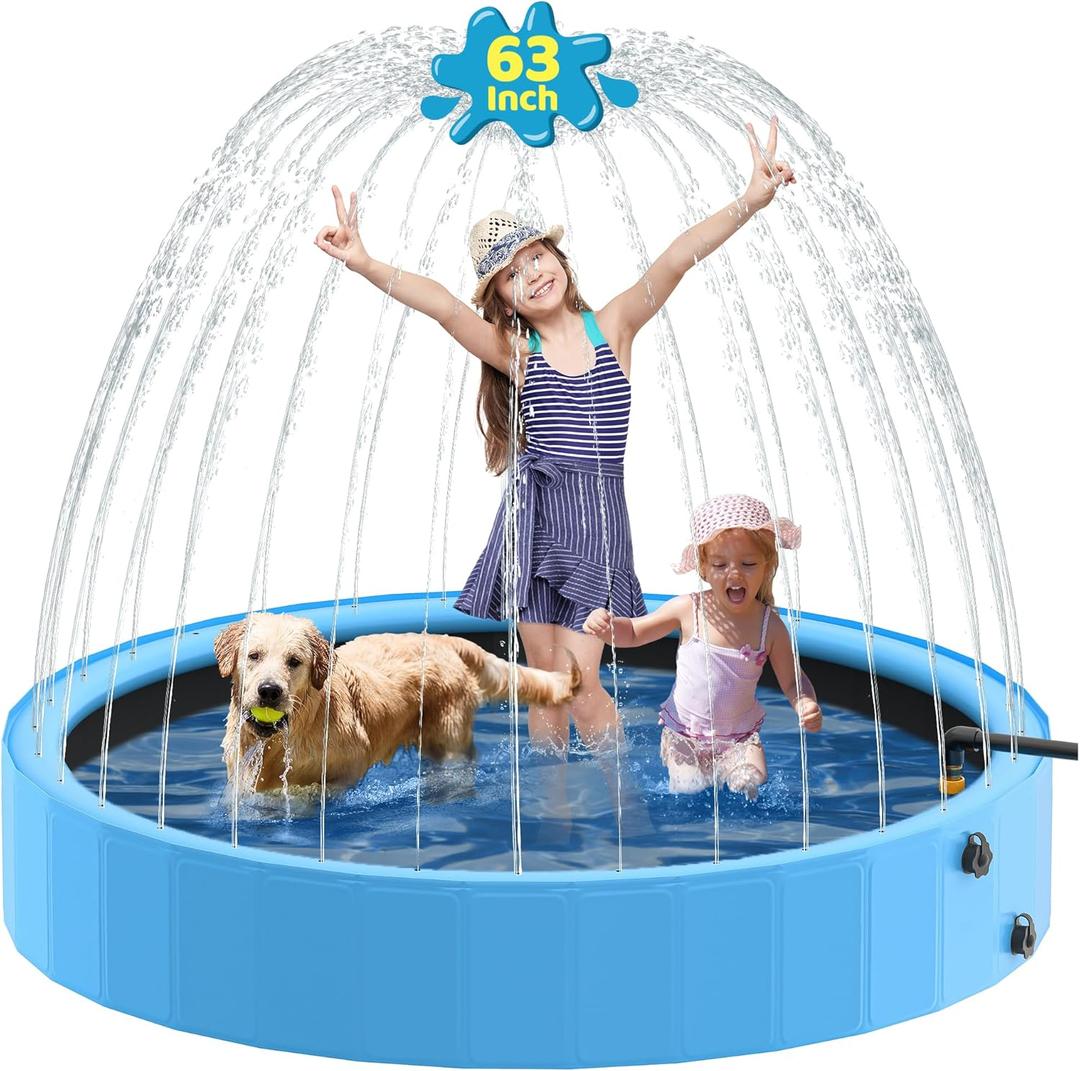 Raxurt Dog Pool with Sprinkler, 63'' Foldable Dog Pools for Large Dogs, 2-in-1 PVC Non Slip Pet Bathing Tub for Outdoor Backyard, Blue