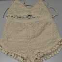 BEAUDRM Women's 2 Piece Outfits Tassel Trim Backless Halter Crop Top and Elastic Waist Shorts Sets (Apricot, Medium)