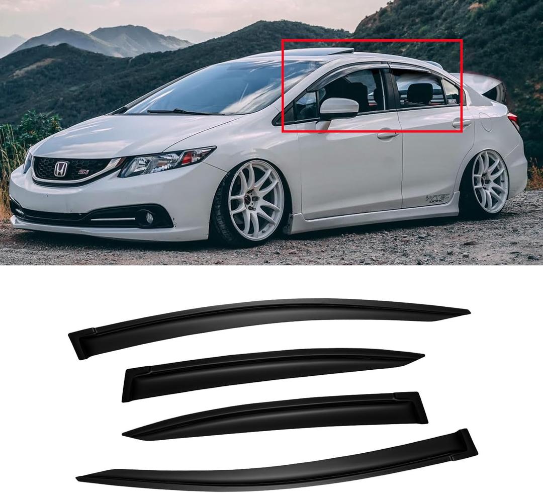 Window Visors for 2012-2015 Honda Civic Sedan 4-Door, Outside-Mount Shatterproof Rain Guards Vent Deflector Shade Dark Smoke 2013 2014, Tape-On, 4PCS
