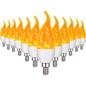 E12 Flame Bulbs 12 Pack, 3 Mode LED Candelabra Flame Light Bulb 2.0 Watt Warm White Chandelier Flame Bulbs,1800k Candle Light Bulbs, Flame Tip for Christmas Party Decorations