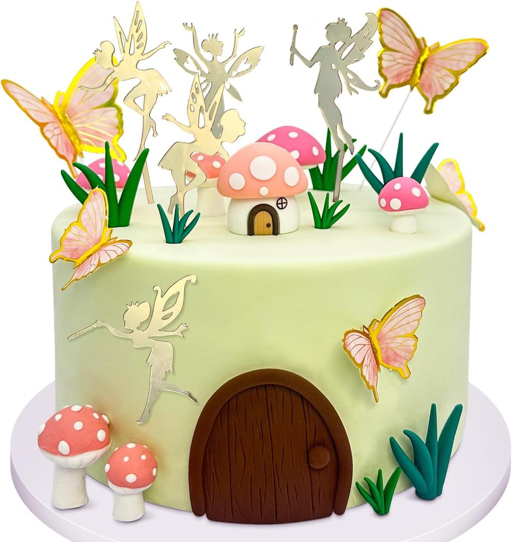 Tarocynn 31Pcs Fairy Cake Topper Mushroom Cake Decoration Butterfly Garden Theme Cake Decor for Birthday Baby Shower (Pink)