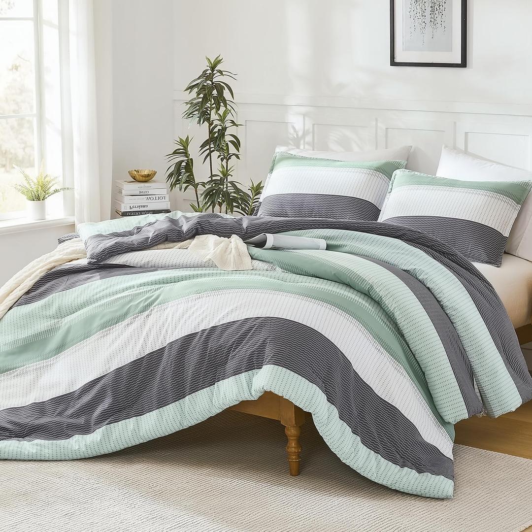 Litanika Oversized King Comforter Set Sage Green 120x98-3 Pieces Lightweight Green White Colorblock Stripe Fluffy Bedding Comforter Sets, All Season Bed Set