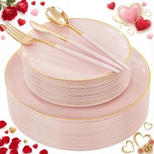 DaYammi 150Pcs Pink Plastic Plates with Gold Rim,Elegant Disposable Dinnerware with Gold Cutlery - 30 Dinner Plate,30 Dessert Plate,30 Knives,30 Forks,30 Spoons,Fancy Pink Plates for Party Wedding