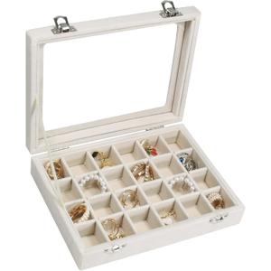 Velvet Jewelry Box 24 Grid Jewelry Ring Display Organiser Box Tray Holder Earrings Storage Case for Girls Wife Mom Women (Beige)