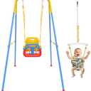 2 in 1 Toddler Swing & Baby Jumper, Foldable Baby Bouncer with Soft Cushion, Foldable Indoor & Outdoor Use, Easy to Install & Store Swing Sets for Backyard Play (Blue)