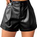 Avanova Women Faux Leather High Waisted Shorts Pleated Casual Summer Shorts (Black, XL)