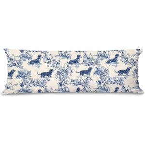 Blue Chinoiserie Dachshund 20x54 Body Pillow Cover with Zipper, Weiner Dog Gifts, Grandmillennial Home Decor, Blue and White Floral Dog Long Body Pillow Pillowcase for Couch Bed, Double-Sided