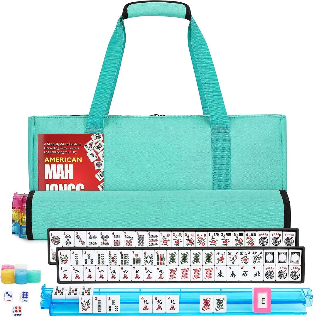 American Mahjong Tile Set,166 White Tiles Mahjong Set,4 Colors Mahjong Racks,Travel Mahjong Set with Green Carrying Bag