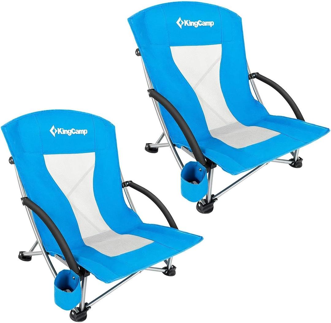 KingCamp Low Beach Chair, High Back Folding Camping Chair for Adults, Oversized Breathable Mesh Seat, 300lbs Heavy Duty Portable Chair with Cup Holder & Storage Pockets for Beach, Outdoor