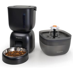 Automatic Cat Feeder and Water Dispenser FW1, Wire or Battery Cat Food Dispenser Timer Pet Feeder - Locking Lid, Desiccant Bag, Programmable Portion Control, 4 Daily Meals, 10s Voice Recorder