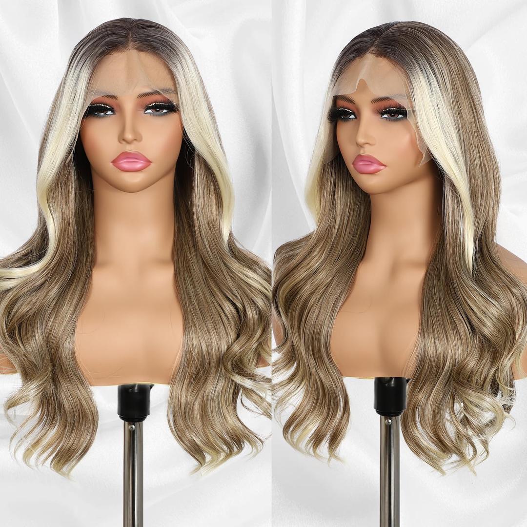 Ash Blonde Lace Front Wig 13x4 Pre Plucked Highlight Body Wave Synthetic Lace Front Wig for Women Heat Resistant Hair 22 Inch Daily Use