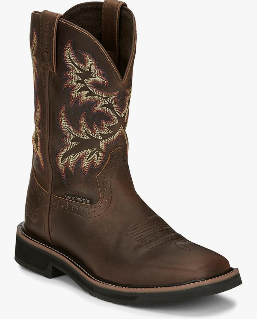 Justin Driller 11" Waterproof Work Boot for Men's - Stampede Collection - Full Grain Leather, Rubber Outsole, Size 9,5