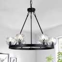 YUYI Black Wagon Wheel Chandelier, 23'' Modern Crystal Chandelier, 6-Light Round Farmhouse Chandeliers Light Fixture for Dining Room, Living Room, Bedroom, Foyer, Stairs and Entryway