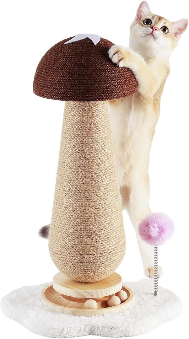 Mushroom Cat Scratching Post with Interactive Ball Track Spring Ball Cat Toys, 21.2" Cat Jute Scratcher Tree for Indoor Cats, Brown