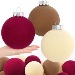 15 Pcs(3.9 In/100 mm) Velvet Christmas Ornaments Balls Set, Brown Red Neutral Christmas Tree Ornaments, Flocked Xmas Tree Balls for Xmas Holiday Party Decorations