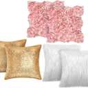 Oudain 6 Pcs Decorative 3D Rose Flower Pillow Cover, 16 x 16 Inch Faux Fur Throw Pillow Covers for Bed Square Sofa Bedroom Car(Pink, White, Gold)