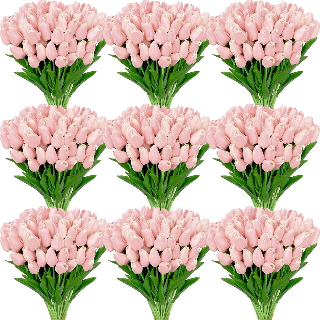 Janinka 100pcs Artificial Tulip Flowers Fake PU Tulips Faux Latex Bouquet Flower Centerpieces Arrangement Floral for Mother Day Wedding Spring Decorations (Light Pink)