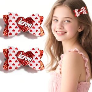Valentine's Day Hair Clips Double Layer Sparkly Glitter Bow Clips with Red Heart & LOVE Design Perfect Valentine Party Hair Accessories for Women Girls 2 Pack (Heart)