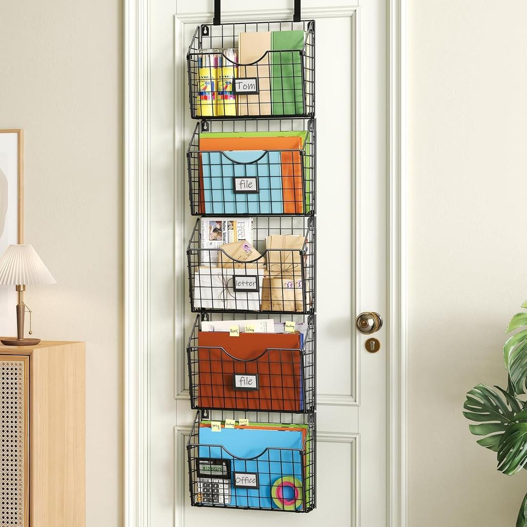 5-Tier Over the Door File Organizer, Stackable Hanging Wall Files Rack with Door Hooks Wall Organizers, SVertical Wall File Storage with Tag for Office Home and Work Easy Organizing - Black