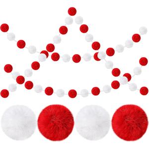2 Pack Large Pom Poms Garland Hanging Winter Decorations Colorful Soft Faux Fur Ball Garland for Christmas Holiday Birthday Wedding Baby Shower Party Supplies(Red White,3.15 Inch)