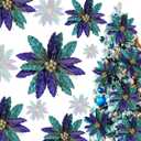 Thiccywoov 6 Pcs Artificial Christmas Poinsettia Stem Fake Green Peppermint Edge Peacock Poinsettia Silk Velvet Flowers Blooms for Christmas Trees Holiday Decorations(Peacock,Blue)