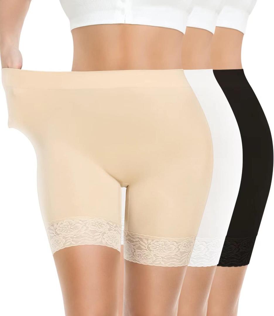 Yeblues 3 Pack Lace Slip Shorts for Under Dresses Women Smooth Anti-chafing Boyshorts Seamless Underwear Safety Shorts (Large, Lace-black+nude+white)