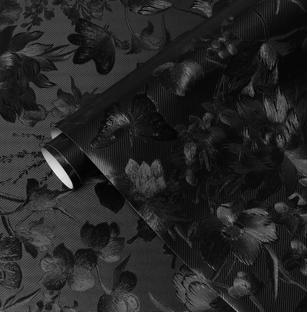 Erfoni 118"x17.7" Black Wall Paper Embossed Floral Peel and Stick Wallpaper Vintage Black Flower Textured Embossed Contact Paper DIY Removable Self Adhesive Wallpaper for Countertop Cabinets Decor (17.7" x 118")