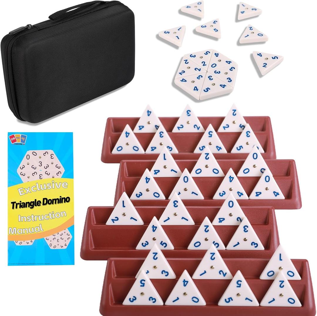 Doreimi Melamine Premium Travel Triangle Domino Game Set with 4 Holders, Includes 56 Triangular Domino Tiles and Brass Spinner, Classic Family Strategy Board Game for Kids and Adults