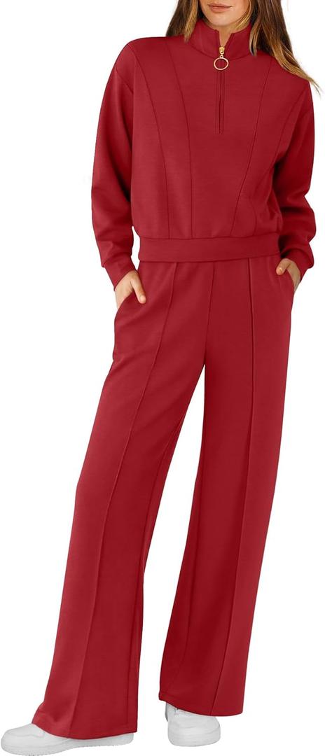 RUBZOOF Lounge Sets for Women 2 Piece Sweatsuits Fall Outfits Half Zip Sweatshirt Wide Leg Sweatpants Matching Clothing Set (Small)