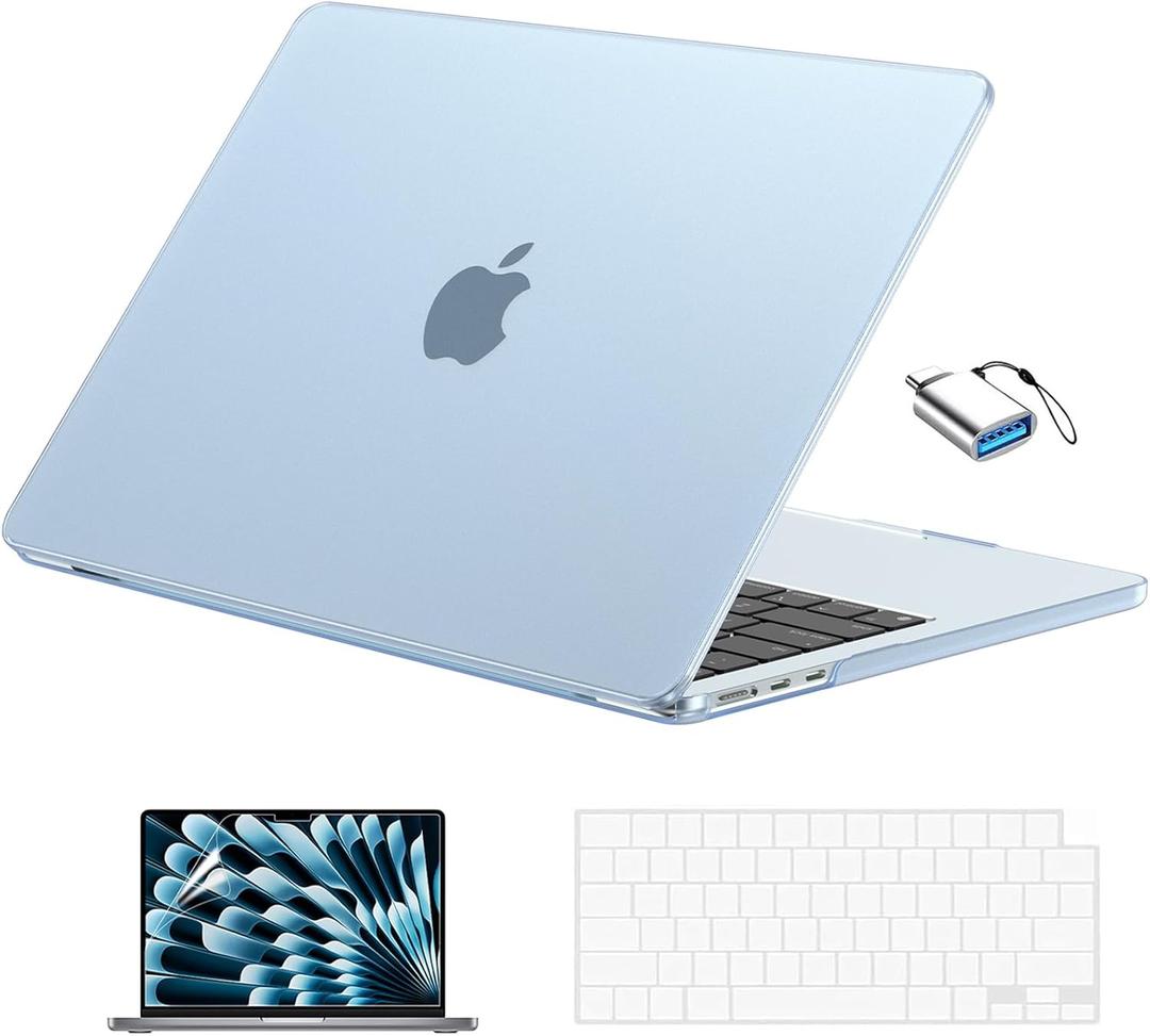 EooCoo Compatible with MacBook Air 13 inch Case M5 2026-2022 M4 M3 M2 Model A3449 A3240 A3113 A2681, Mac Air 13.6 inch Hard Shell & Keyboard Cover & Screen Film & Type-C, Frost Sky Blue