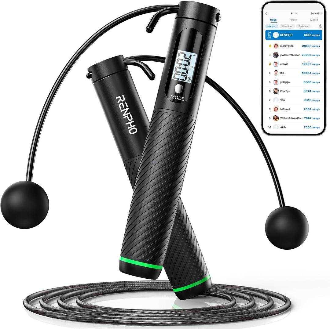 RENPHO Cordless Jump Rope, Weighted Jump Rope with Counter, Jump Ropes for Fitness, Smart Skipping Rope for Crossfit, Gym, Burn Calorie, APP Data Analysis, at-Home-Workout for Women Men Adult Kids (A-Black Cordless Ball 1 Pack & Steel Wire Rope 1 Pc)