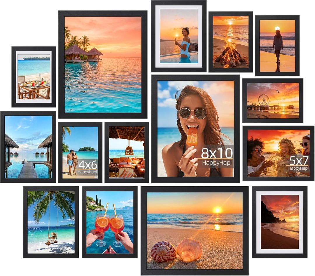 HappyHapi 15 Pack Picture Frames Collage Wall Decor, Black Gallery Wall Frame Set, Wall or Tabletop Display, Multi Sizes including 3pcs 8x10, 6pcs 5x7, 6pcs 4x6, 9.05 x 11.81 inches