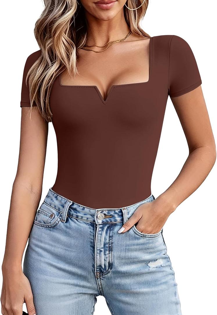 Avidlove Women's Short Sleeve Bodysuit Square Neck Body Suits One Piece T Shirt Summer Going Out Tops Date Outfits (Brown, S)