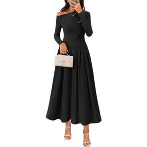 MEROKEETY Women's Fall Long Sleeve Wedding Guest Dresses 2025 One Shoulder Elegant Formal Pleated Midi Maxi Dress (Black, XL)