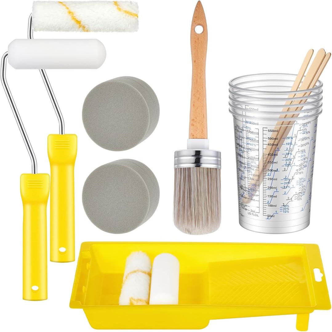 LemonRoad 18 Pieces Paint Brush and Roller Set, Painting Supplies for Cabinet Furniture, with Sponge, Tray Liner, Cup and Mixing Stick, Tools to Finish All in One Paint(4 Inch,Combo Brush Set)