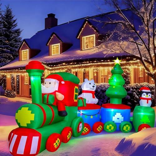 MGparty 14FT Christmas Inflatables Train with Santa Claus Bear Penguin Christmas Tress Built-in LED Lights Blow Up for Party Holiday Decor Indoor Outdoor Garden Lawn Yard Decorations
