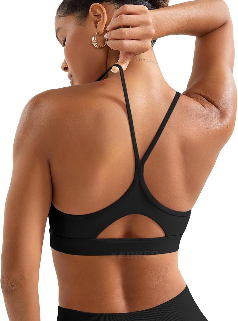 YEOREO Luciny Workout Y Back Sports Bras for Women Spaghetti Straps Racerback Padded V Neck Medium Impact Gym Bra Yoga Top (Small, Black)