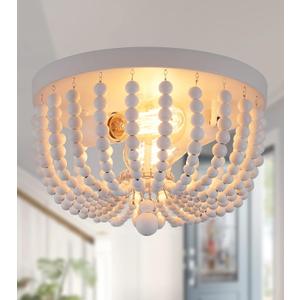 Q&S White Flush Mount Ceiling Light Fixtures,2-Lights Wood Beaded Boho Chandeliers for Nursery Baby Bedroom Dining Room Living Room Kitchen Hallway W11.81 (2-Lights White)