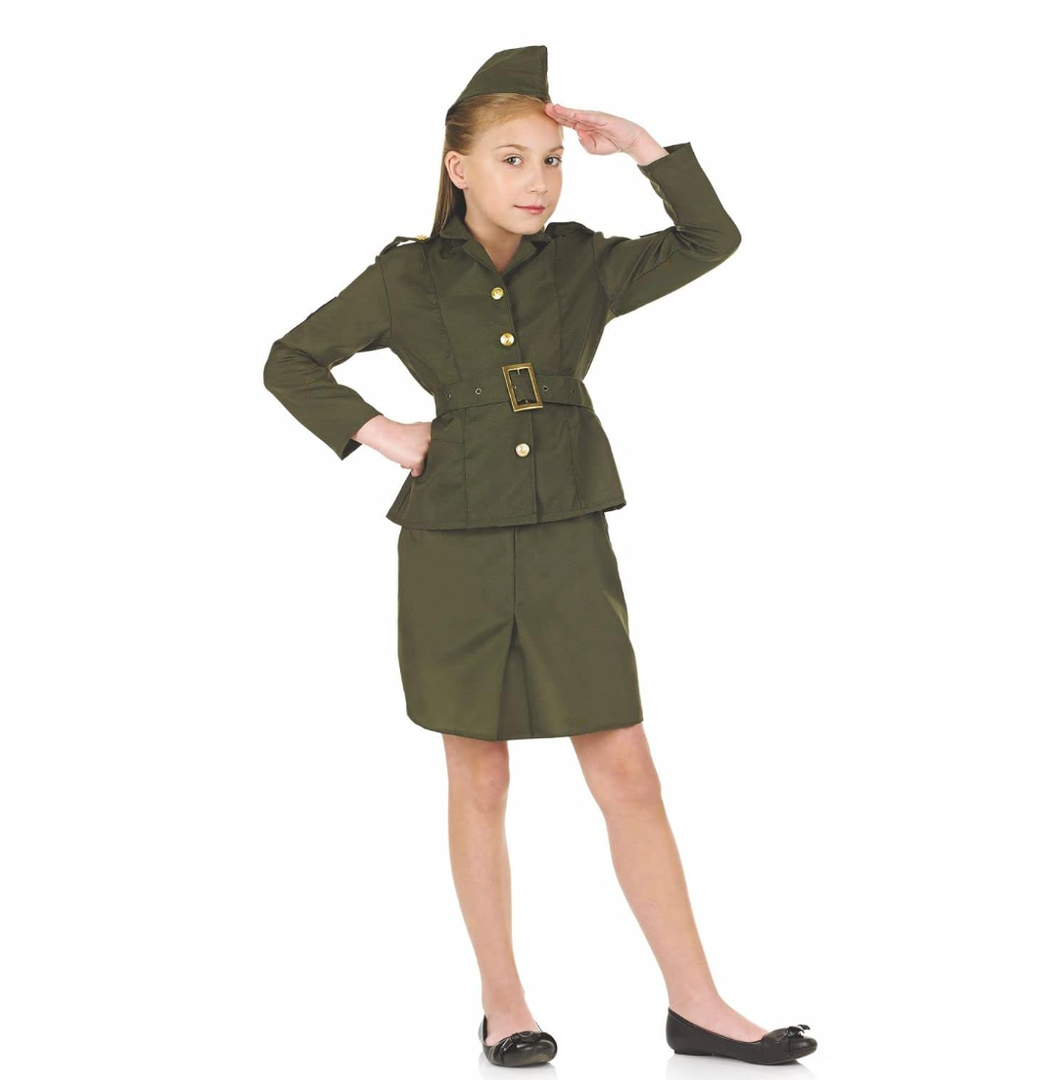 fun shack WW2 Army Girl Costume for Kids, Army Girls Halloween Outfit, Military Dress Up for Girls XL